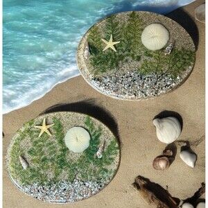 Beach Theme Pair Vtg Lucite Oval Hotplate Trivet footed Seashell 8” Design Gifts